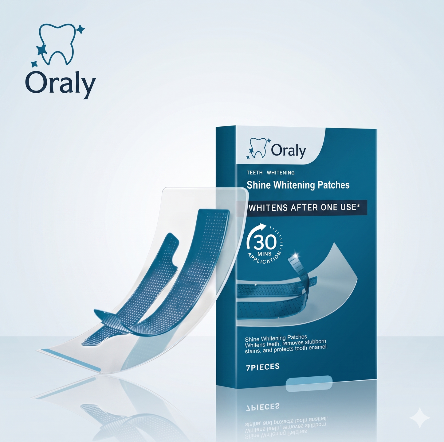 Oraly teeth whitening patches packaging on a light blue background