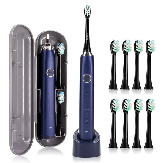 Navy blue electric toothbrush set with travel case and multiple brush heads on a white background